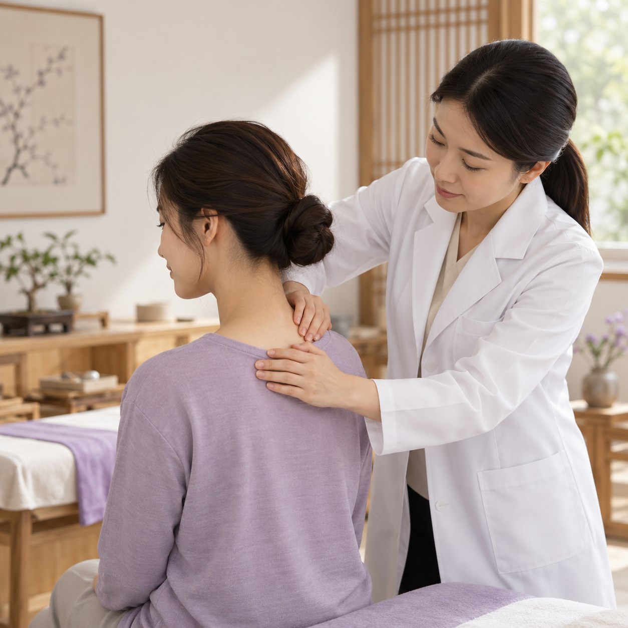 白袍醫療人員評估女性肩頸，傷科照護情境示意
