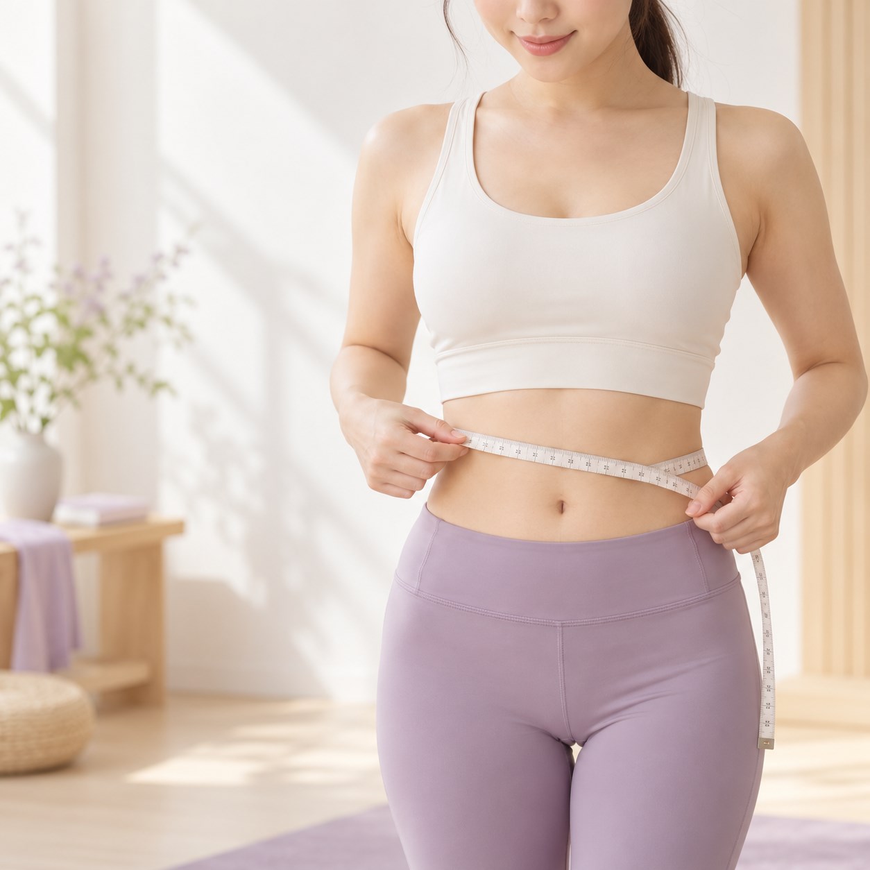 穿著米白與霧紫運動服的女性量測腰圍，體重管理情境示意