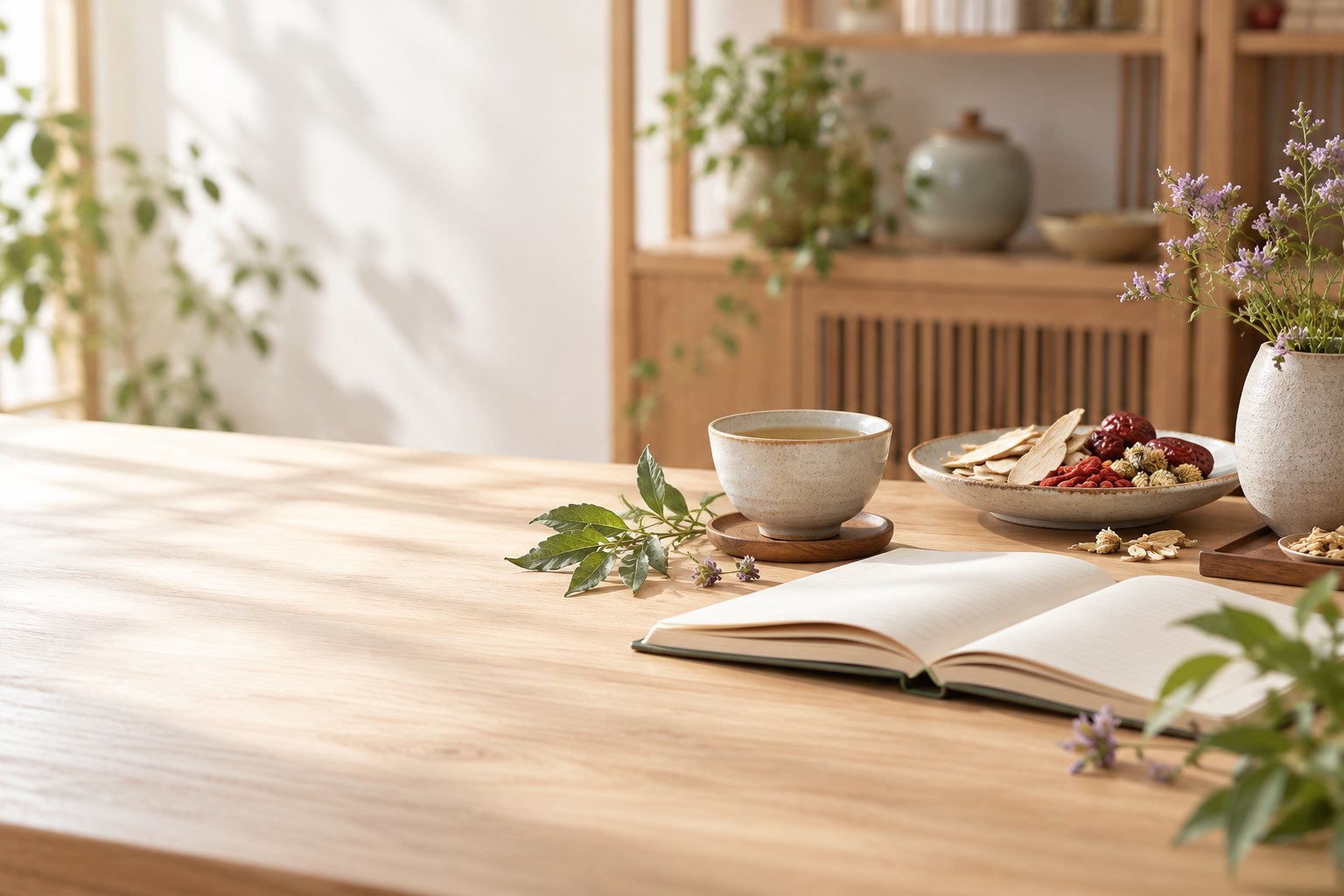 自然光下的草本茶、中草藥與健康筆記本