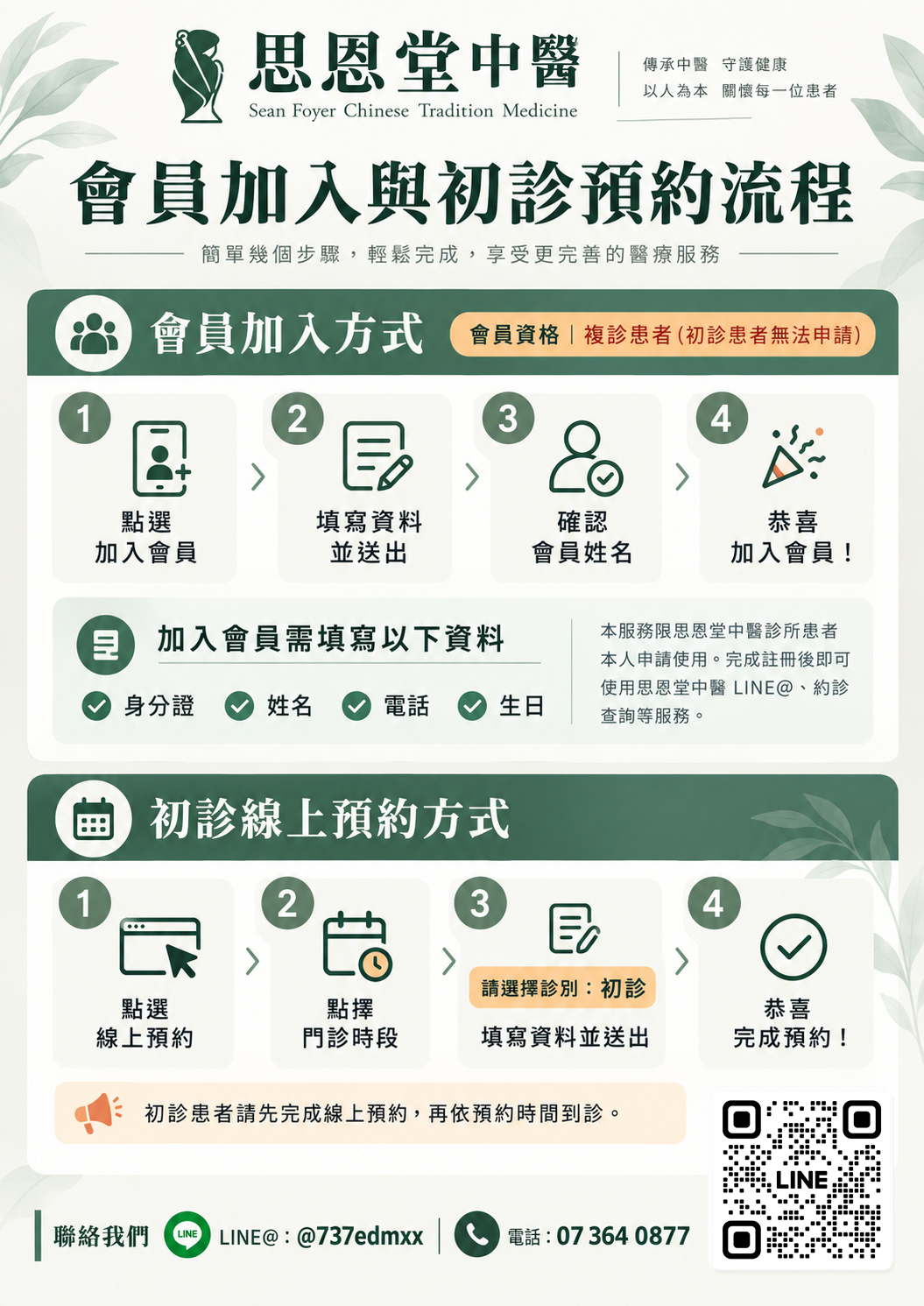 思恩堂中醫會員加入與初診預約流程圖,說明複診會員申請資格、所需資料及初診線上預約四步驟